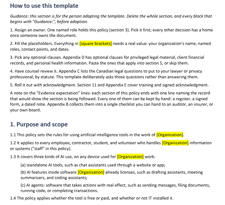 A page of the template: how to use it, then the policy's purpose and scope, with highlighted places for your organization's details.